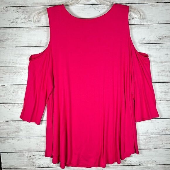 Chico’s Cold Shoulder Flare Swing Rayon Spandex Knit Pink Top 3 L/ 16-18 - Picture 4 of 4